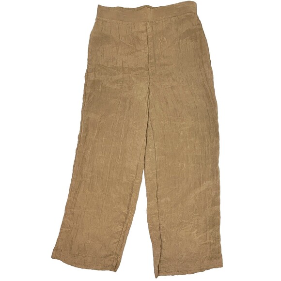 House of Harlow Wide Leg Pants Tan Crinkle Satin Stretch Waist Slacks Flowy L - Picture 1 of 10